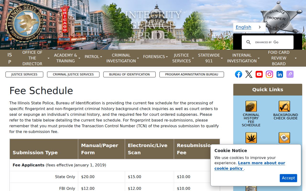 Bethany criminal history options on the Illinois State Police fee page